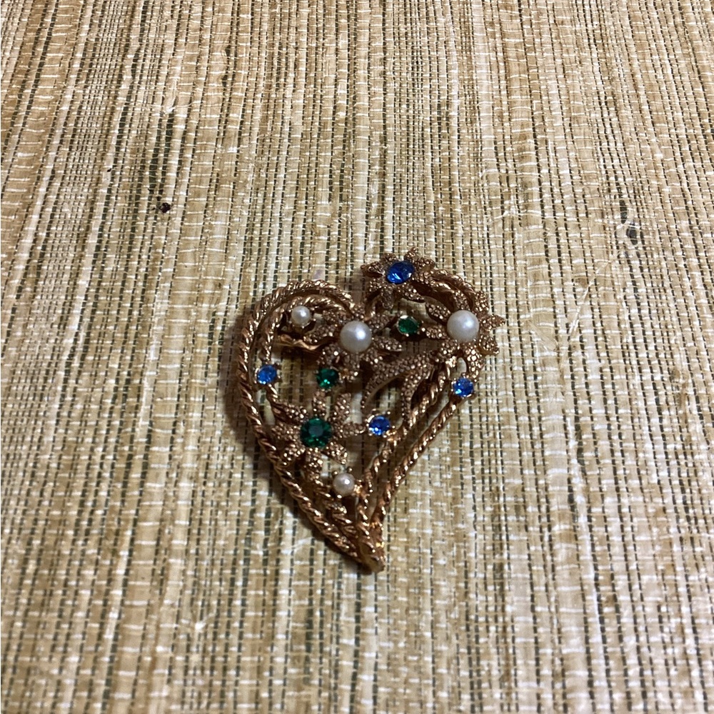 Vintage-Style Gold Heart Brooch with Blue & Green Stones and Pearls